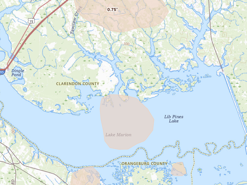 Radar-estimated hail-size map of the storm over Summerton, SC on Jul 10, 2026
