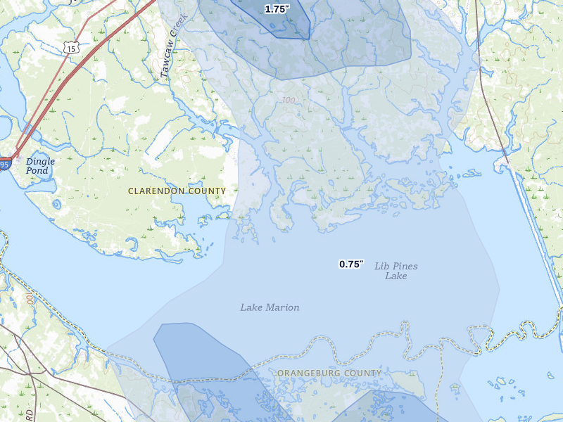 NEXRAD radar-signature map of the hail over Summerton, SC