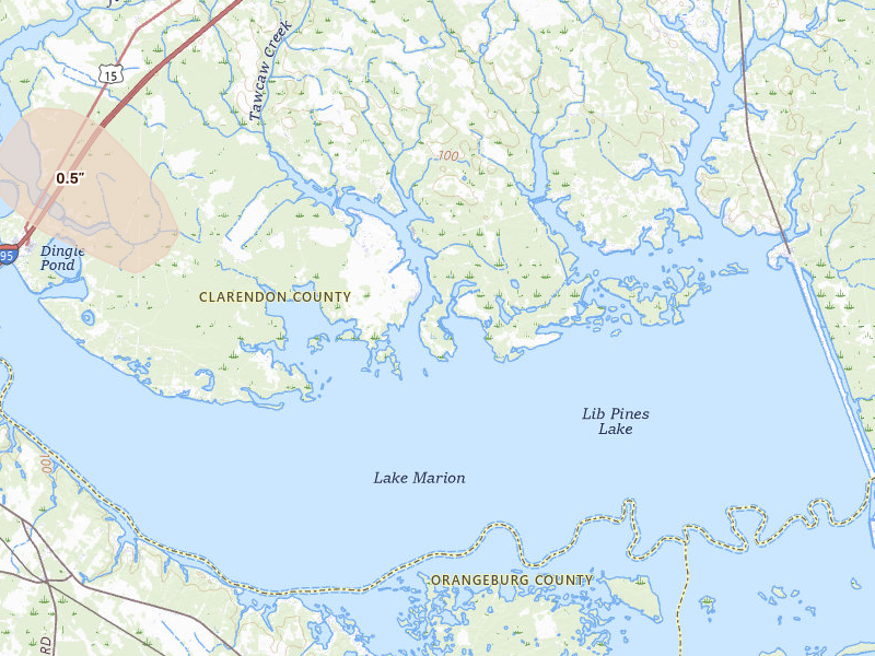 Radar-estimated hail-size map of the storm over Summerton, SC on Jul 11, 2026