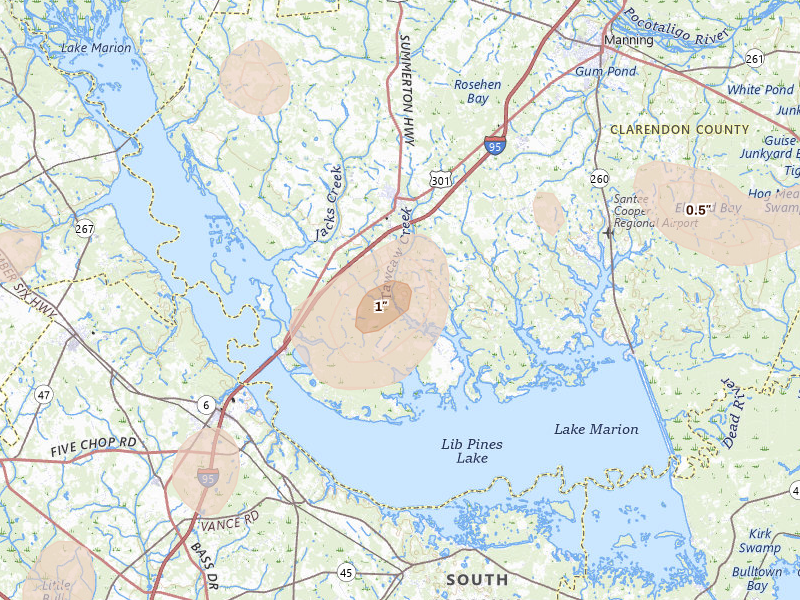 Radar-estimated hail-size map of the storm over Summerton, SC on Aug 21, 2026