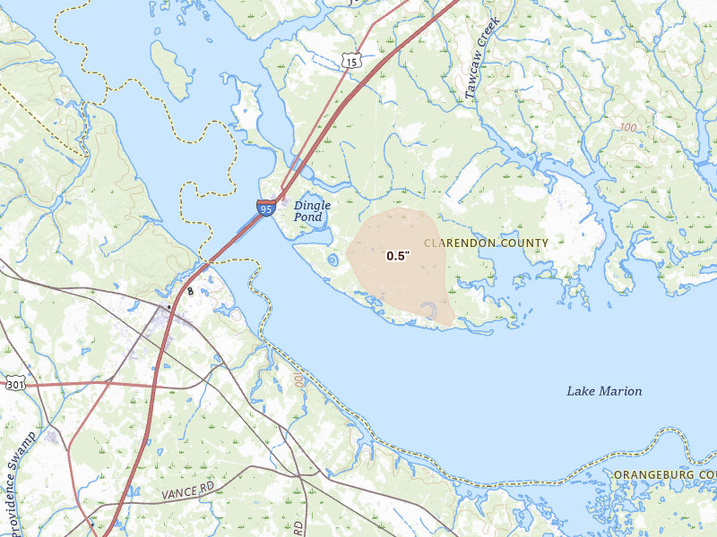 Radar-estimated hail-size map of the storm over Summerton, SC on Aug 27, 2026