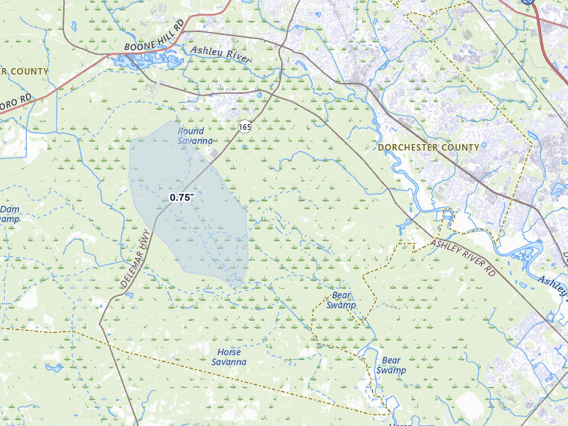 NEXRAD radar-signature map of the hail storm over Summerville, SC on Jul 12, 2026