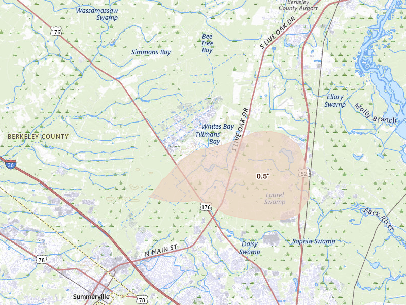 Radar-estimated hail-size map of the storm over Summerville, SC on Aug 10, 2026