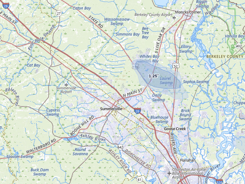NEXRAD radar-signature map of the hail storm over Summerville, SC on Aug 10, 2026
