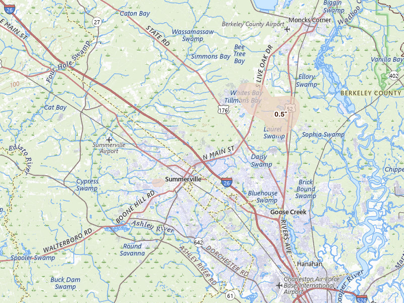 Radar-estimated hail-size map of the storm over Summerville, SC on Aug 14, 2026