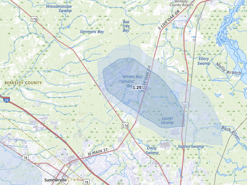 NEXRAD radar-signature map of the hail storm over Summerville, SC on Aug 14, 2026