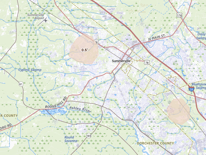 Radar-estimated hail-size map of the storm over Summerville, SC on Aug 19, 2026