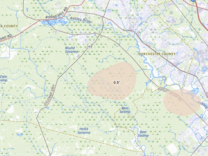 Radar-estimated hail-size map of the storm over Summerville, SC on Aug 22, 2026