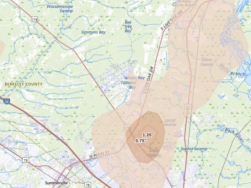 Radar-estimated hail-size map of the storm over Summerville, SC