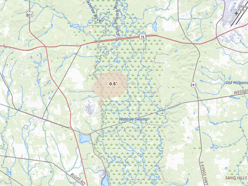 Radar-estimated hail-size map of the storm over Sumter, SC on Jun 26, 2026