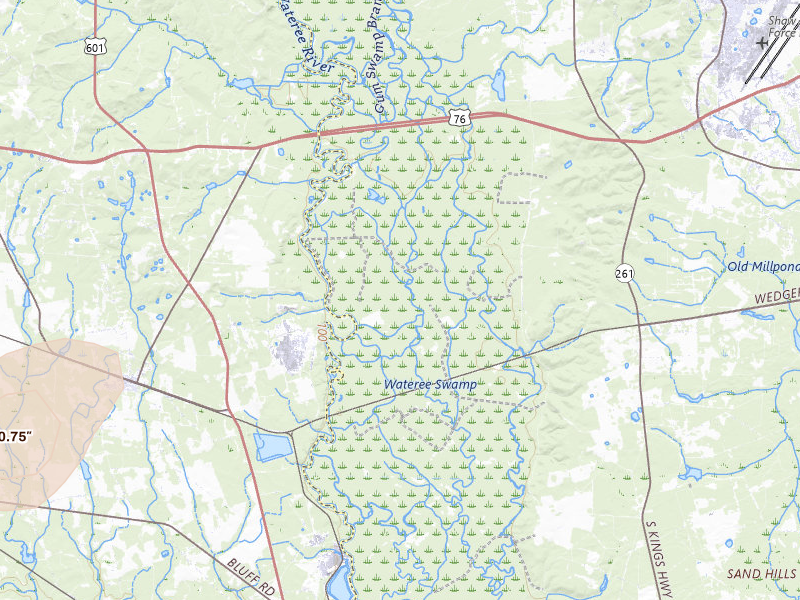 Radar-estimated hail-size map of the storm over Sumter, SC on Jul 6, 2026
