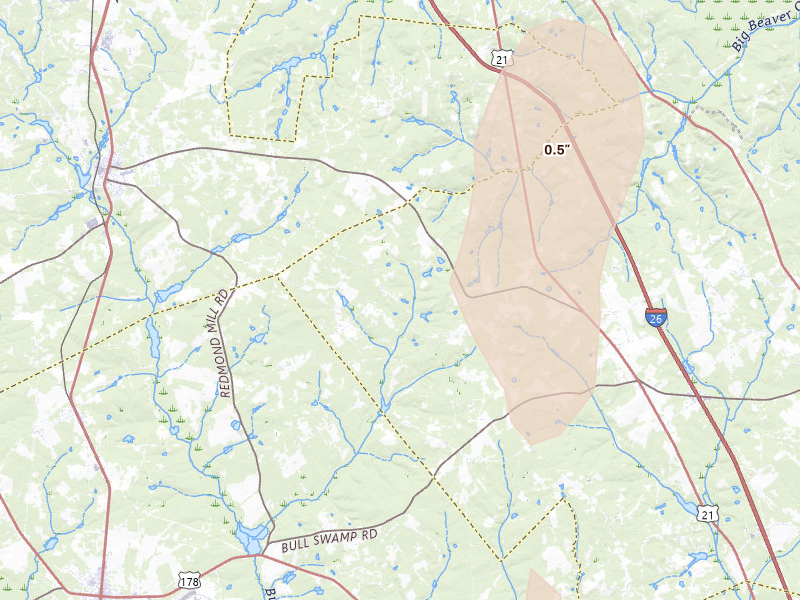 Radar-estimated hail-size map of the storm over Swansea, SC on Jul 27, 2026