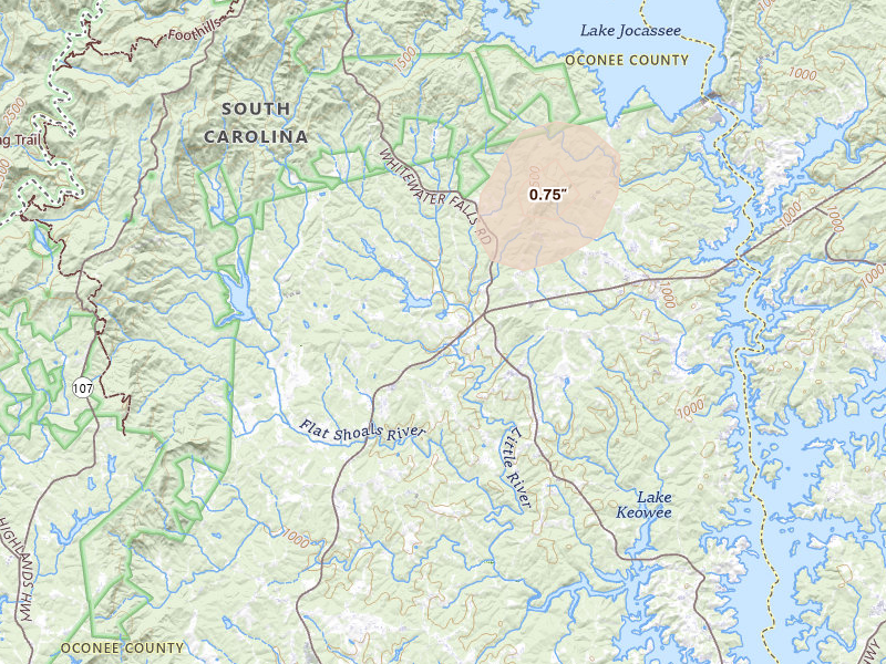 Radar-estimated hail-size map of the storm over Tamassee, SC on Aug 5, 2026