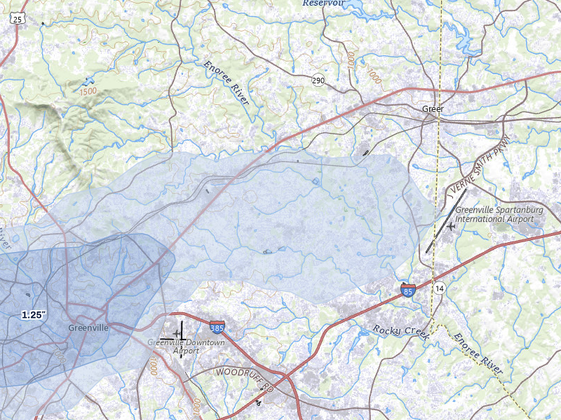 NEXRAD radar-signature map of the hail over Taylors, SC