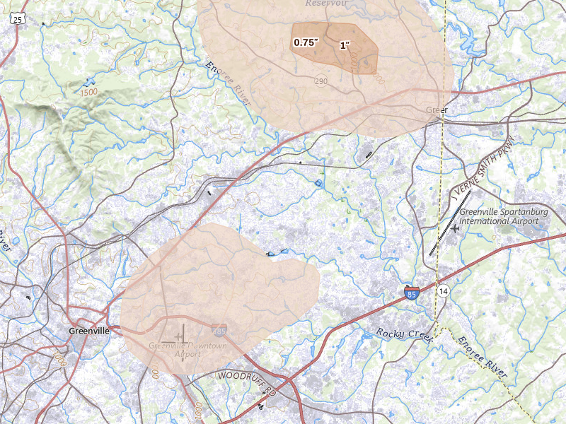 Radar-estimated hail-size map of the storm over Taylors, SC on Aug 11, 2026