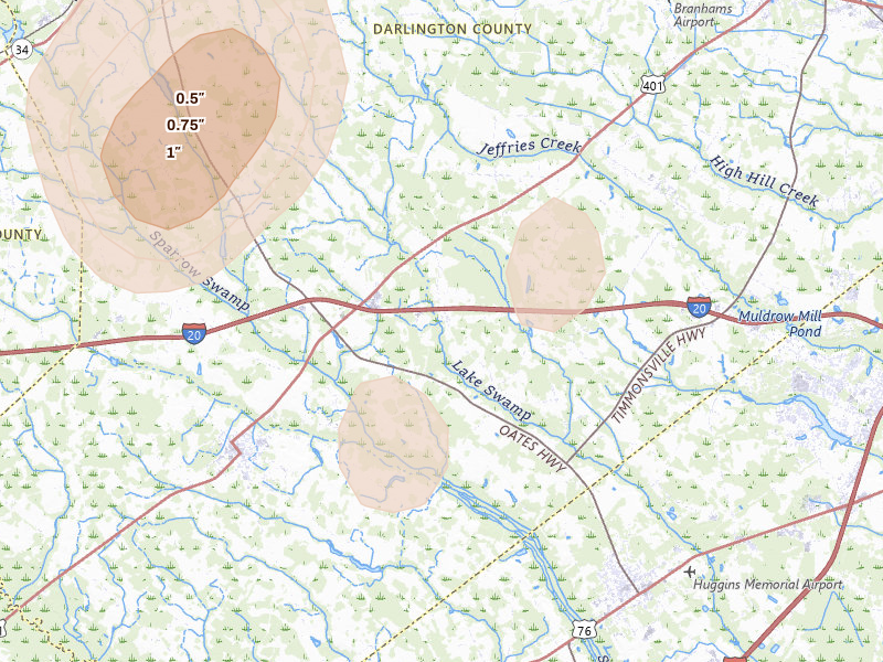 Radar-estimated hail-size map of the storm over Timmonsville, SC on Aug 6, 2026