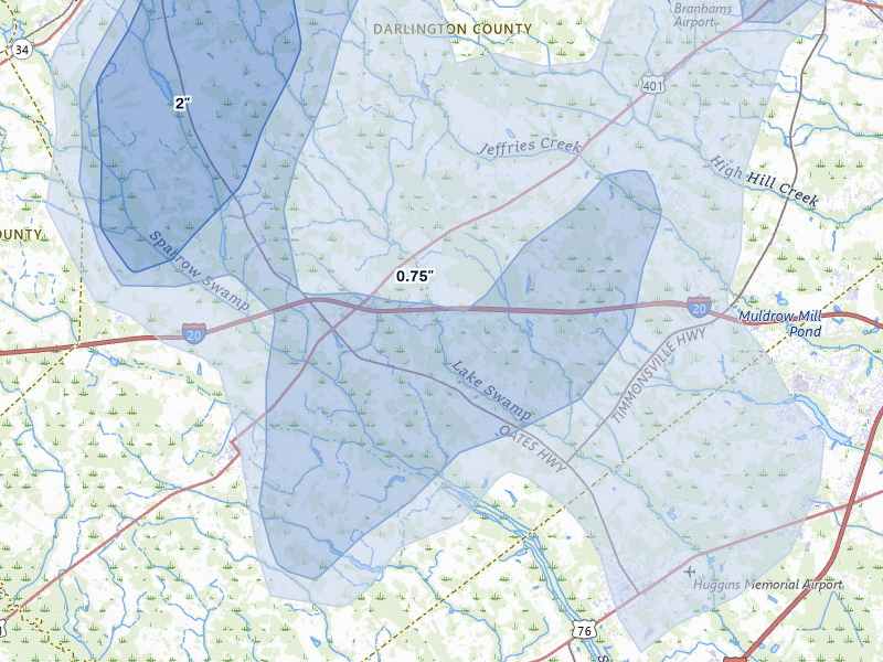 NEXRAD radar-signature map of the hail storm over Timmonsville, SC on Aug 6, 2026