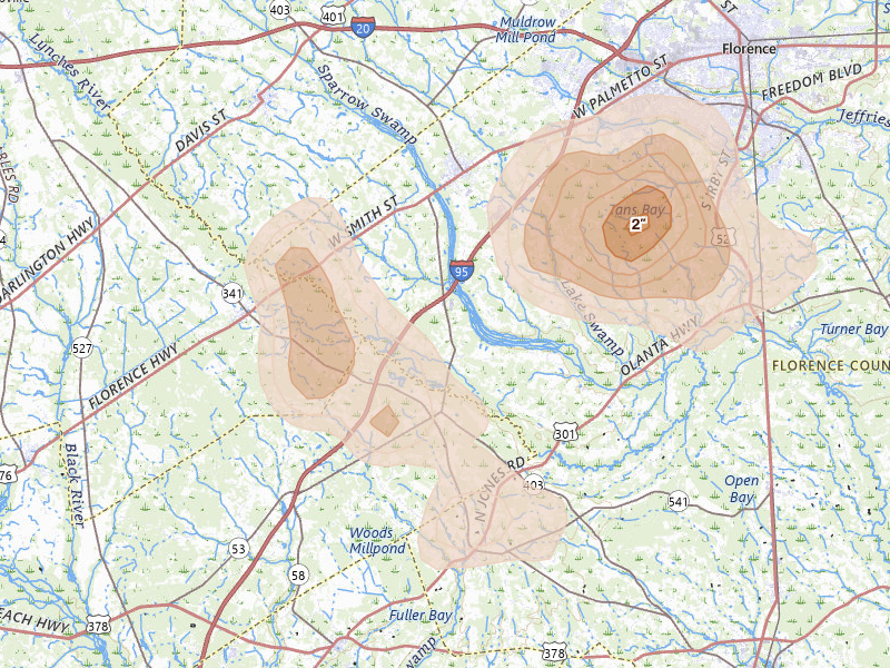 Radar-estimated hail-size map of the storm over Timmonsville, SC on Aug 21, 2026