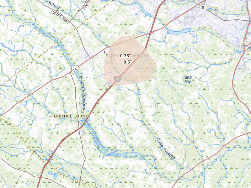 Radar-estimated hail-size map of the storm over Timmonsville, SC