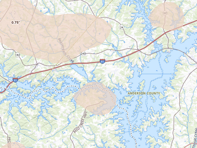 Radar-estimated hail-size map of the storm over Townville, SC on Jul 2, 2026