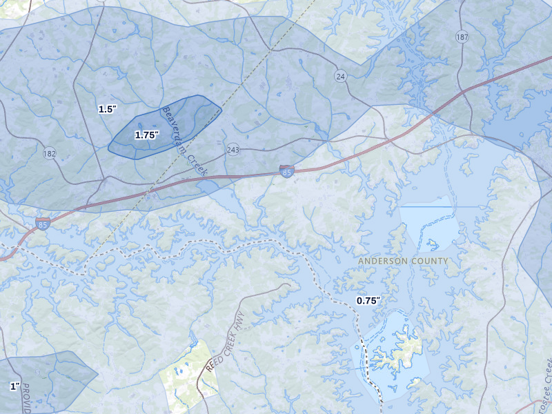 NEXRAD radar-signature map of the hail over Townville, SC