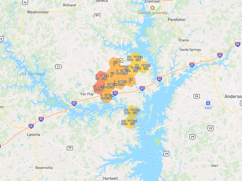 Hail map of Townville, SC on Jul 2, 2026, hail up to 1.75"