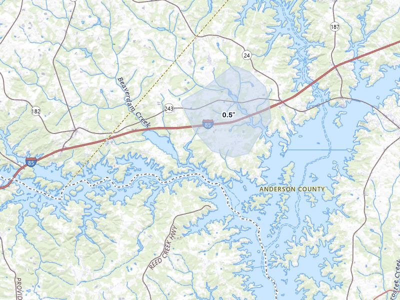 NEXRAD radar-signature map of the hail over Townville, SC