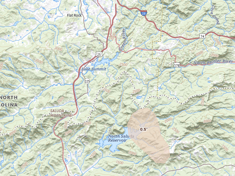 Radar-estimated hail-size map of the storm over Travelers Rest, SC on Aug 6, 2026
