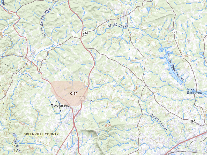 Radar-estimated hail-size map of the storm over Travelers Rest, SC on Aug 10, 2026