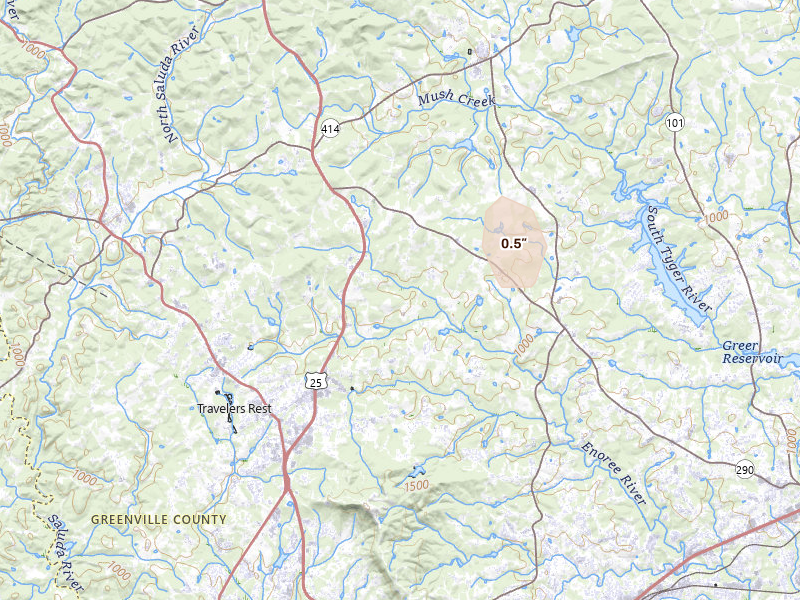 Radar-estimated hail-size map of the storm over Travelers Rest, SC on Aug 21, 2026