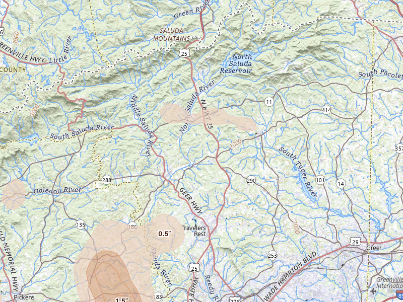 Radar-estimated hail-size map of the storm over Travelers Rest, SC