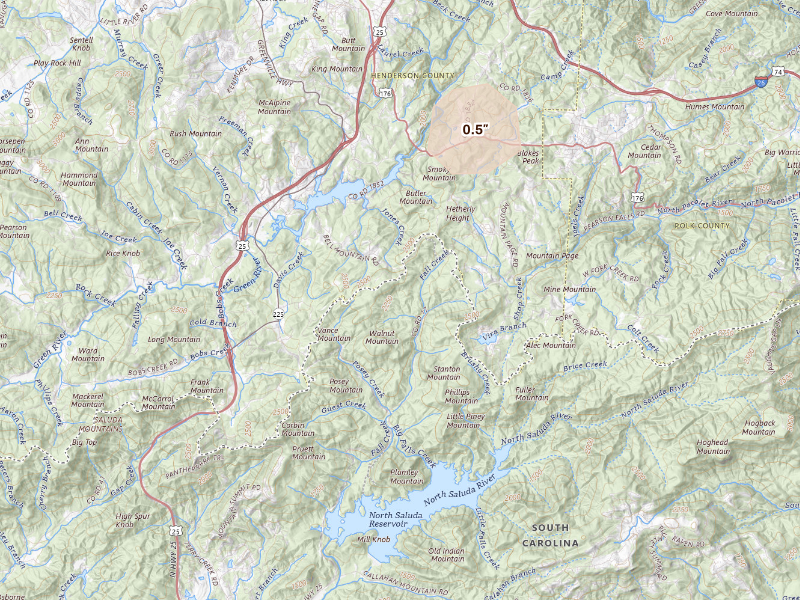 Radar-estimated hail-size map of the storm over Travelers Rest, SC