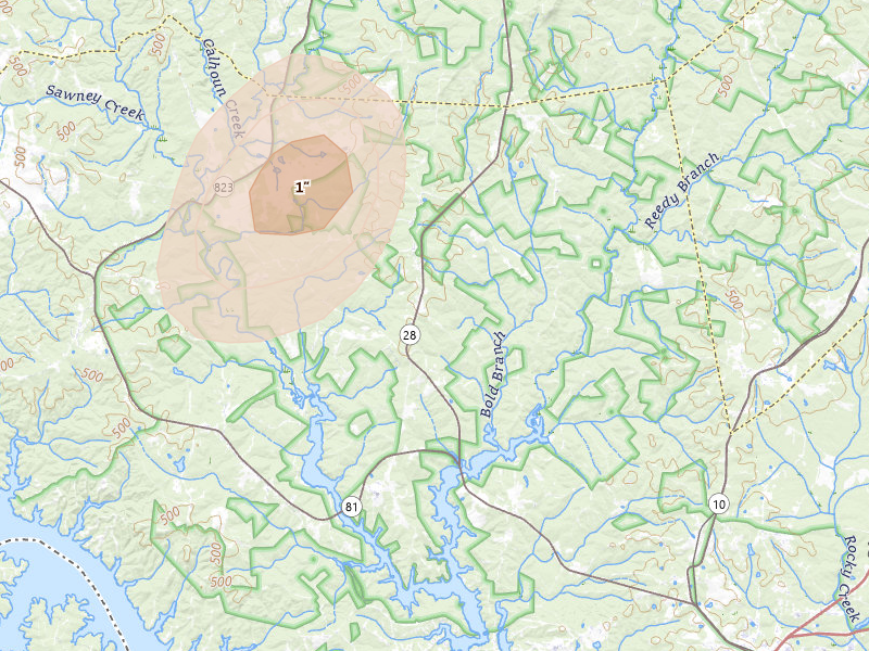 Radar-estimated hail-size map of the storm over Troy, SC on May 22, 2026