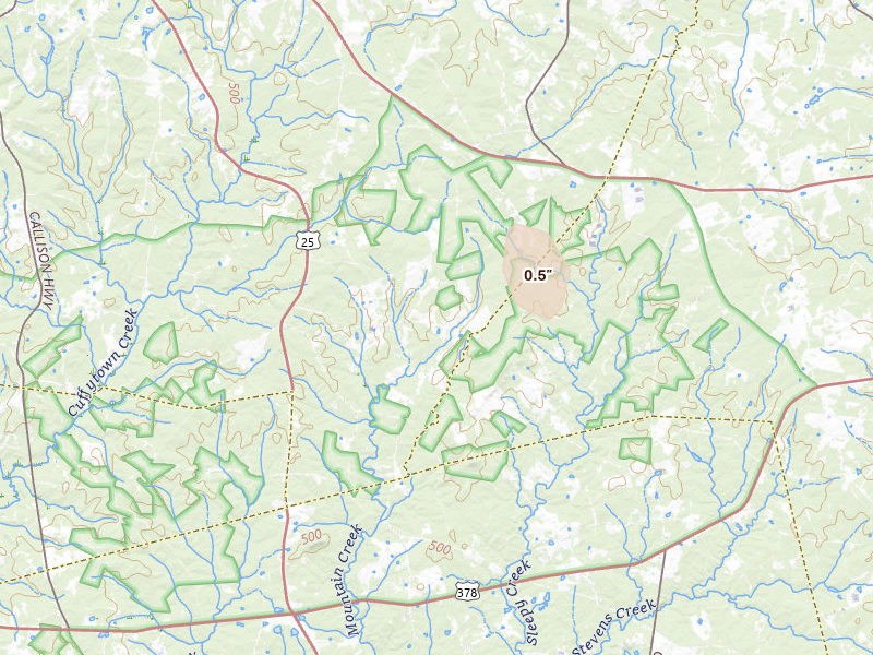Radar-estimated hail-size map of the storm over Troy, SC on Aug 4, 2026
