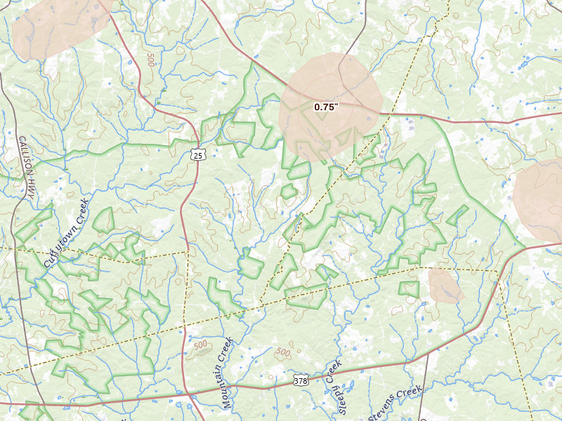 Radar-estimated hail-size map of the storm over Troy, SC on Aug 21, 2026