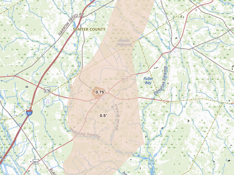 Radar-estimated hail-size map of the storm over Turbeville, SC on Sep 5, 2026