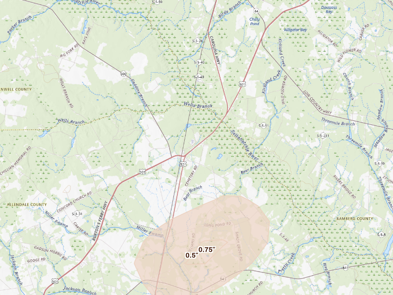 Radar-estimated hail-size map of the storm over Ulmer, SC