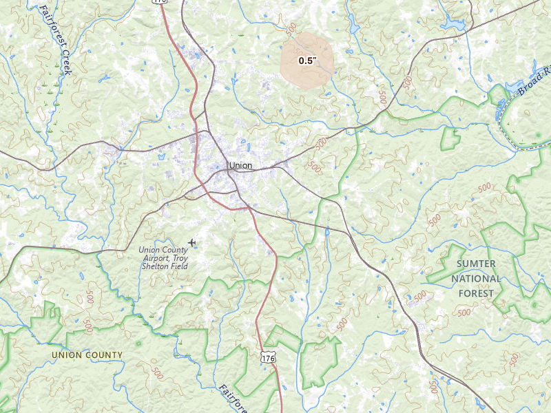 Radar-estimated hail-size map of the storm over Union, SC on Jul 5, 2026