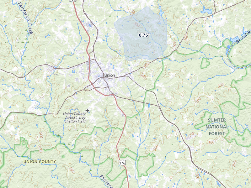 NEXRAD radar-signature map of the hail storm over Union, SC on Jul 5, 2026