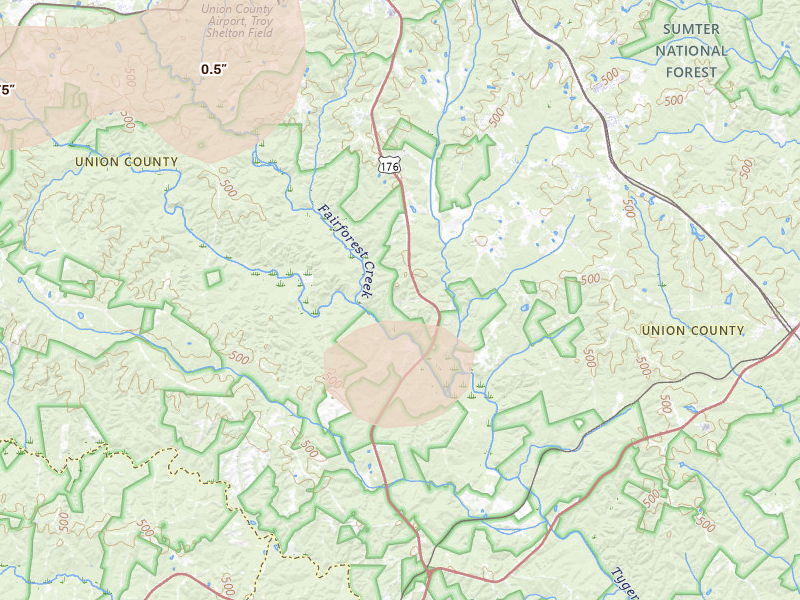 Radar-estimated hail-size map of the storm over Union, SC on Aug 11, 2026