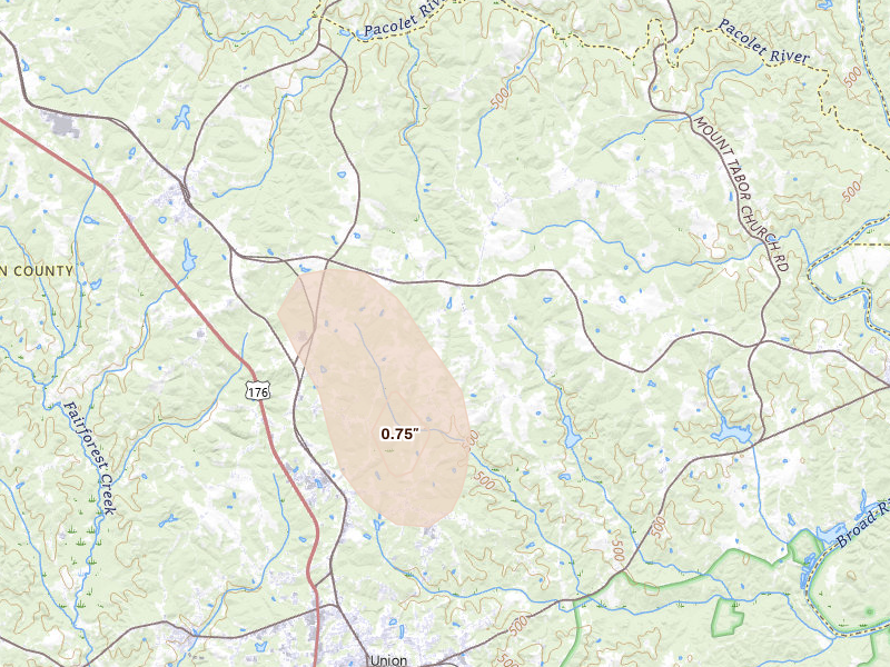Radar-estimated hail-size map of the storm over Union, SC on Aug 12, 2026