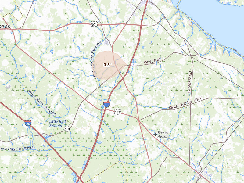 Radar-estimated hail-size map of the storm over Vance, SC on Jun 27, 2026