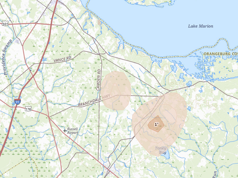 Radar-estimated hail-size map of the storm over Vance, SC on Aug 20, 2026