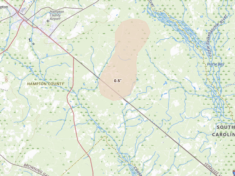 Radar-estimated hail-size map of the storm over Varnville, SC on Jul 5, 2026