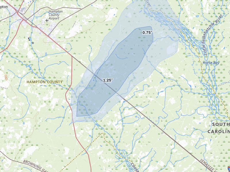 NEXRAD radar-signature map of the hail storm over Varnville, SC on Jul 5, 2026