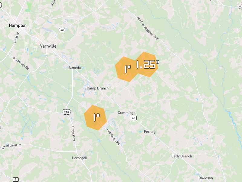 Hail map of Varnville, SC on Jul 5, 2026, hail up to 1.25"