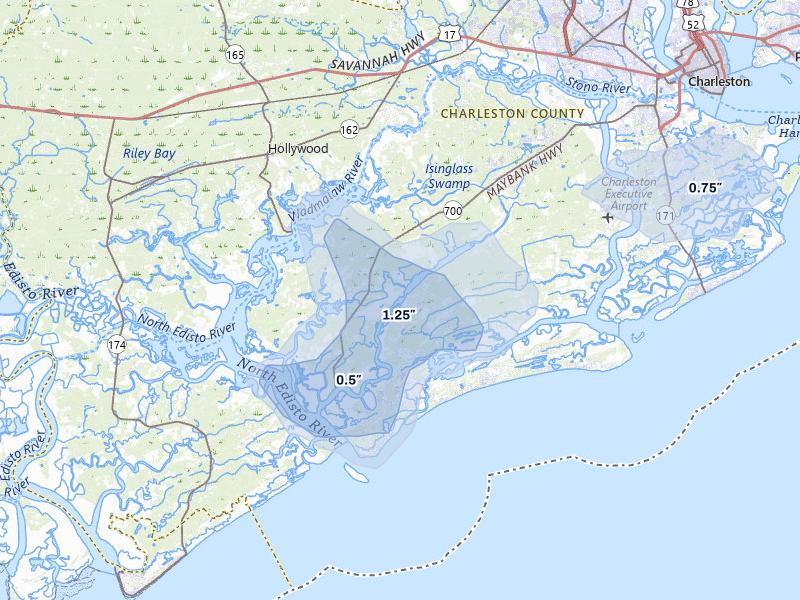 NEXRAD radar-signature map of the hail storm over Wadmalaw Island, SC on Jul 12, 2026