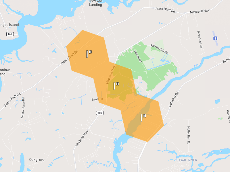 Hail map of Wadmalaw Island, SC on Jul 12, 2026, hail up to 1"