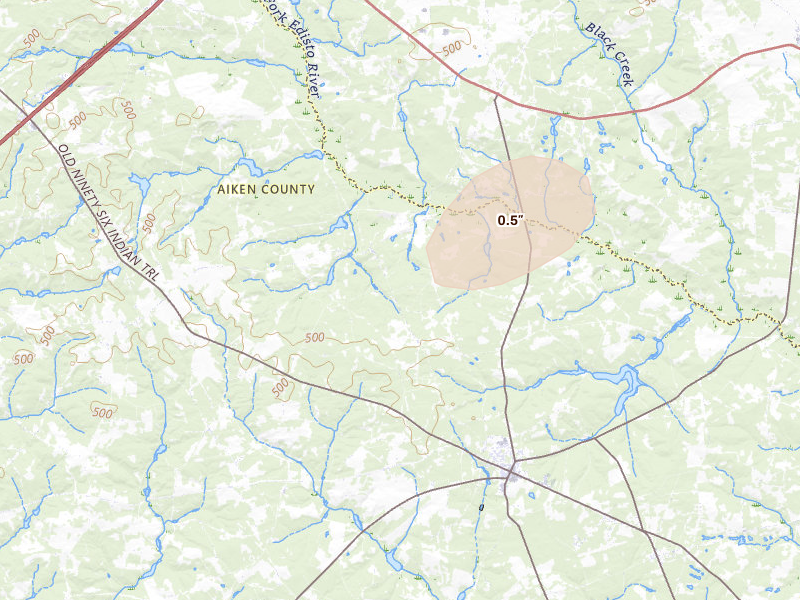 Radar-estimated hail-size map of the storm over Wagener, SC on Jun 14, 2026