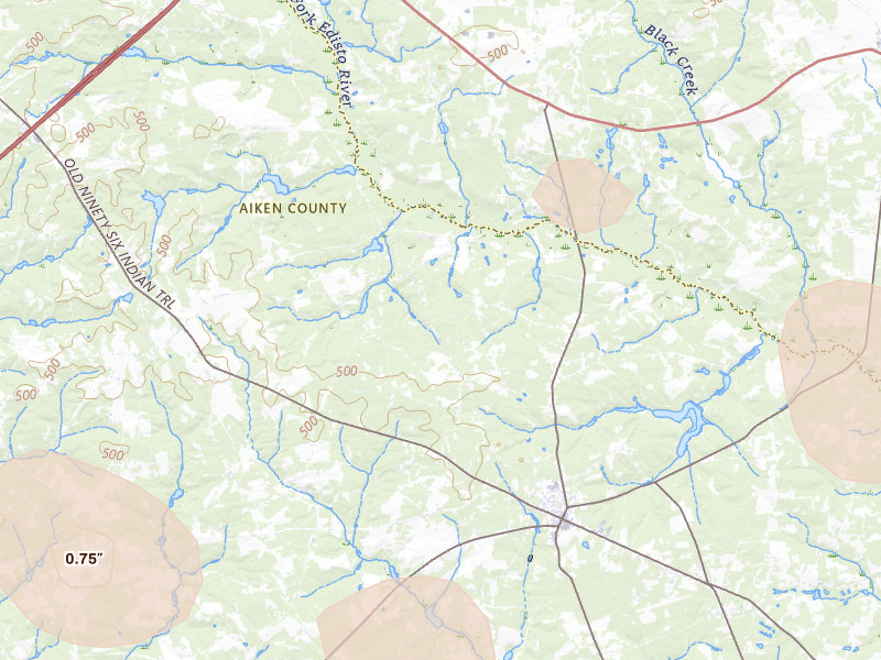 Radar-estimated hail-size map of the storm over Wagener, SC on Jul 17, 2026